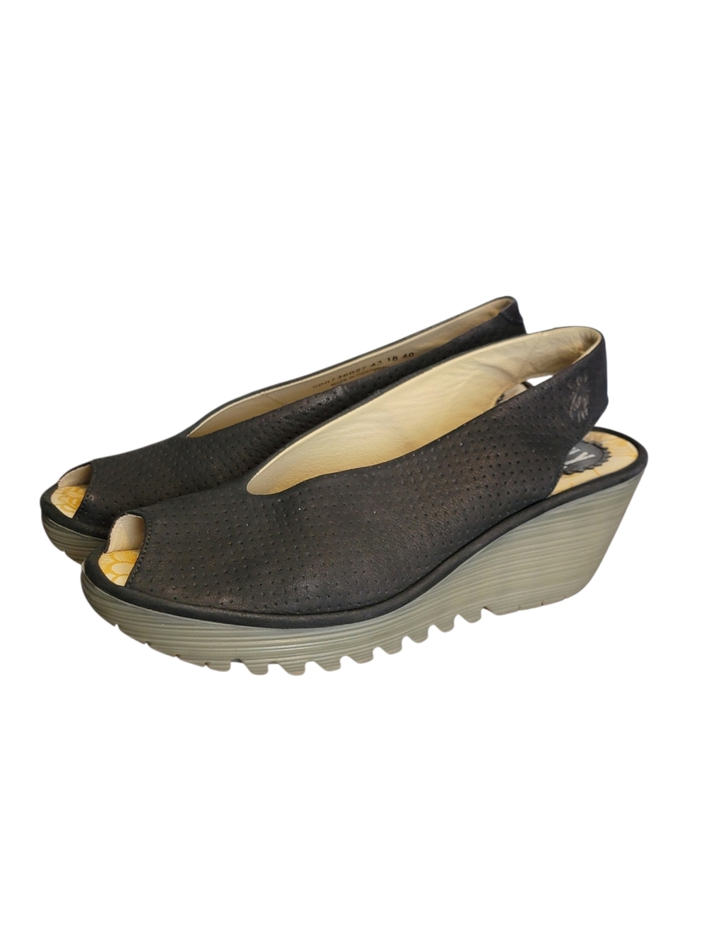 Fly London Yazu Cupido Slingback Black Wedge Suede Shoes 40 US 9-9.5